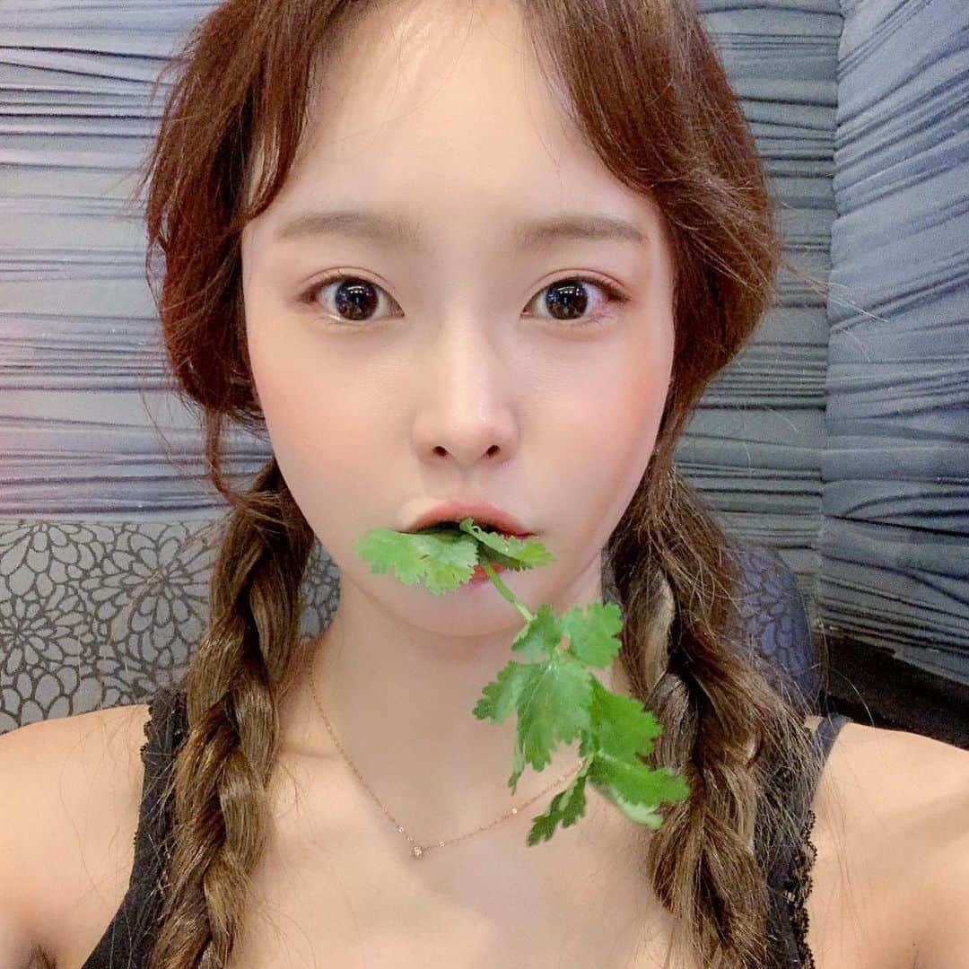 ハ・ウンジンのインスタグラム：「오늘은 '모어팍치쓰리비어'씨스터즈만나는날  오예😆 고수머그러간당🌿 사이드로 똠양꿍이랑 팟타이 머거야지이. 나는야 #행복한돼지🐷」