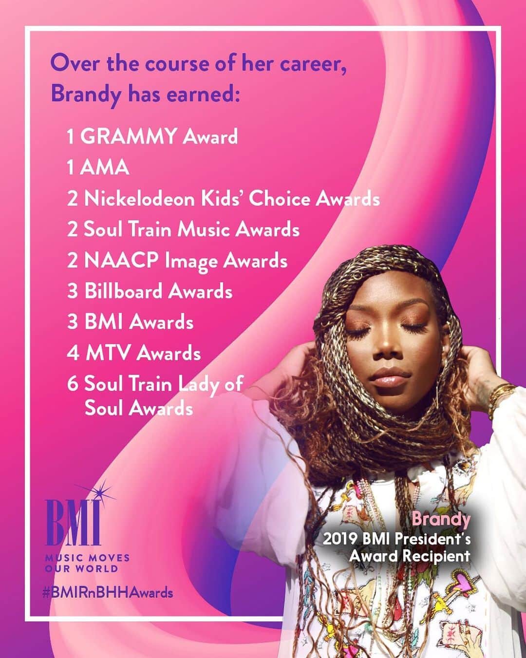Broadcast Music, Inc.さんのインスタグラム写真 - (Broadcast Music, Inc.Instagram)「Next week at our #BMIRnBHHAwards the incredible @4everbrandy will be adding the BMI President’s Award to her already impressive collection of accomplishments. 🏆✨ We can’t wait!」8月24日 2時32分 - bmi