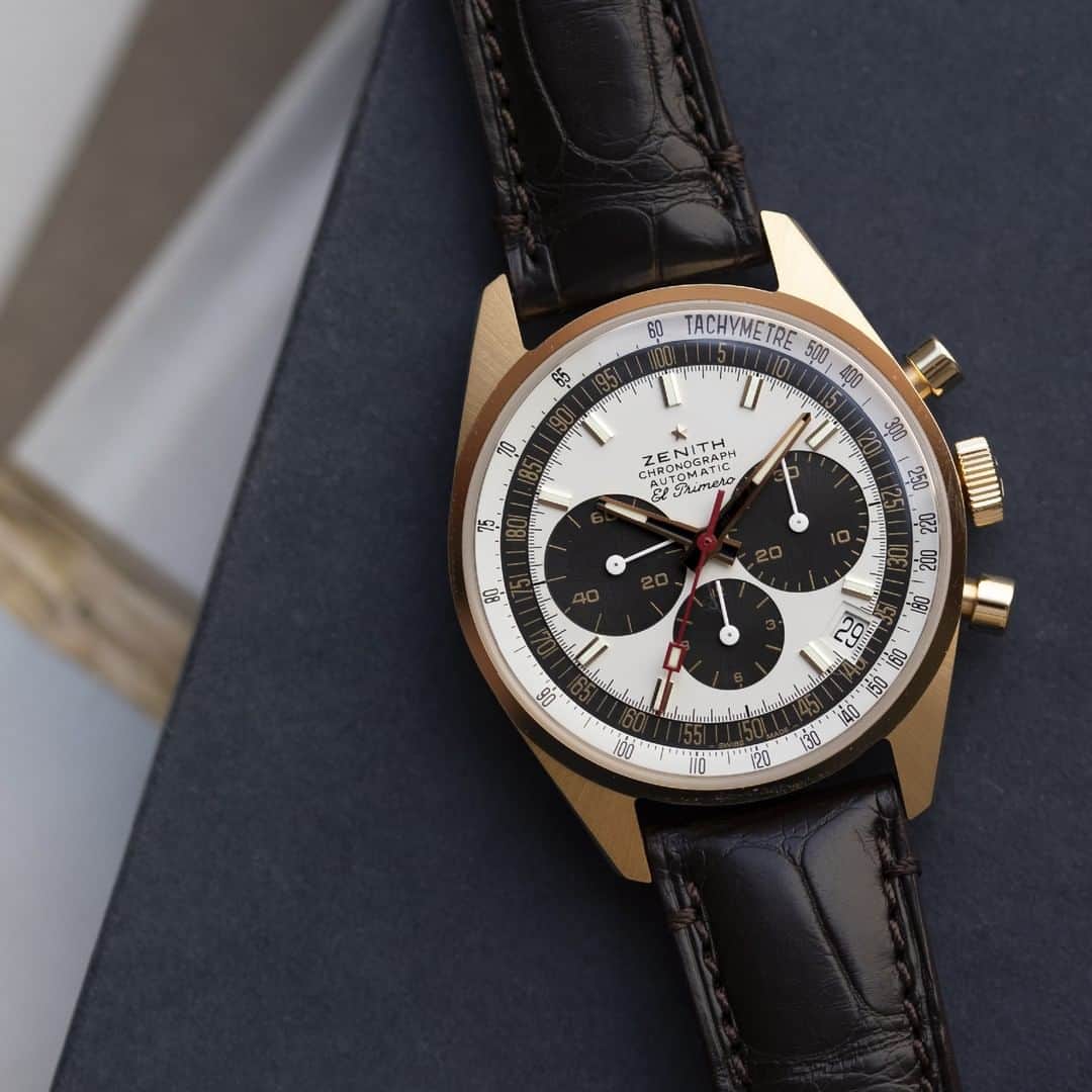 ゼニスのインスタグラム：「#G381: Like all the El Primero A386 Revival series this year, marking the 50th Anniversary of the El Primero calibre, the G381 Revival @Hodinkee Edition comes with a warranty of 50 years.  #Zenith #ZenithWatches #Watches #Hodinkee #Watch #Watchesofinstagram #Watchfam #WatchoftheDay #Luxury #WatchAddict #Watchcollector #Horology #DailyWatch #ElPrimero #Chronograph」