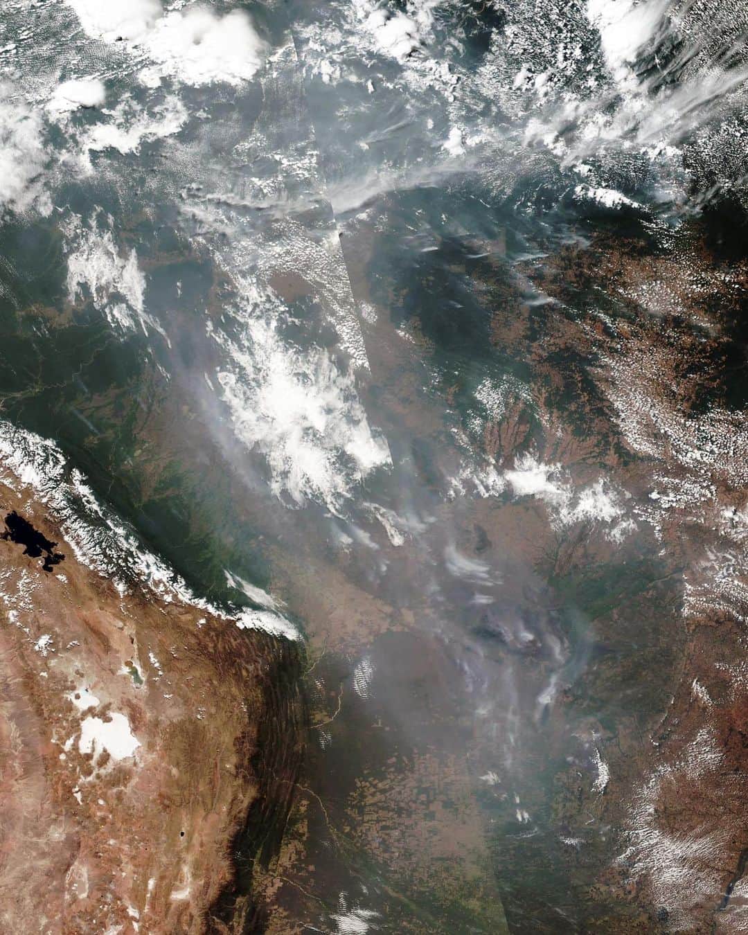Daily Overviewさんのインスタグラム写真 - (Daily OverviewInstagram)「Smoke is visible from space as wildfires burn in the Brazilian states of Amazonas, Mato Grosso, and Rondônia. Nearly 73,000 fires have been reported throughout the Amazon basin this year, a record number that has caused international concern for the future of the world's largest and most biodiverse tract of rainforest. The fires, many of which have been set by loggers and ranchers to clear land for cattle, have also ignited global debate about the environment and agricultural production. /// Source imagery: @nasa / @noaa」8月24日 3時18分 - dailyoverview
