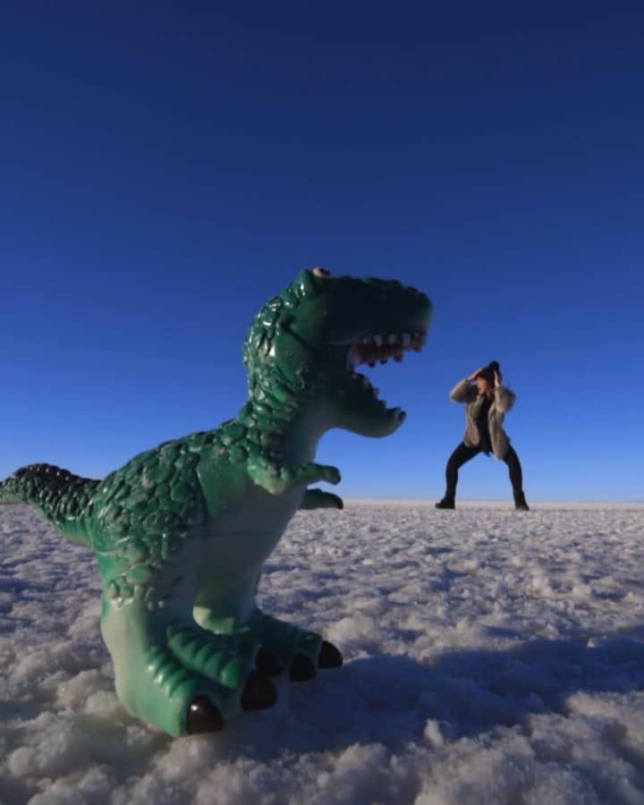 Katy Esquivelのインスタグラム：「Qué hacer cuando estás aburrido🦖😂 ••• Intentamos hacer una ilusión óptica y salió tan mal que quedó muy chistoso. Mi parte favorita es cuando se ve la mano que tira al dinosaurio 😅 Gracias @theboliviantraveler por tirarte al piso con una sonrisa inmensa y ayudarnos a grabar esto! Etiqueta con quién quieres hacer esto👇🏻」