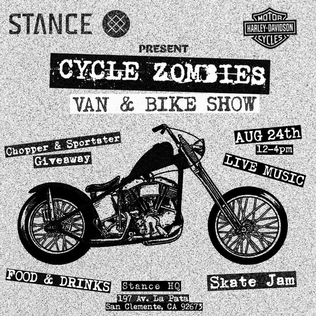 Harley-Davidsonさんのインスタグラム写真 - (Harley-DavidsonInstagram)「Join @cyclezombies & @stancesocks at the #CycleZombies Bike & Van Show at Stance's global HQ in San Clemente, CA tomorrow from 12 to 4 p.m. to celebrate the DIY culture of motorcycles, skateboarding, surfing, art and community.  There’ll be a custom bike show with invited builders, van showcase, skate jam and food & drinks while supplies last. There will also be a raffle to win one of two bikes - a 2019 #Iron1200 & a custom Cycle Zombies '76 #Shovelhead chopper…along with a ton of other fun raffle prizes as well as live music from @warish.usa and @pharlee_」8月24日 10時12分 - harleydavidson