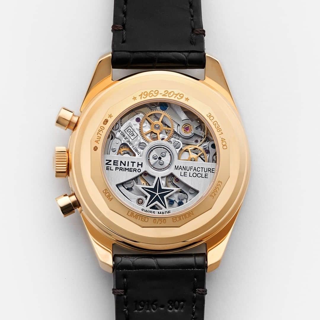 ゼニスのインスタグラム：「#G381:Unlike the original from 1969, the G381 Revival @Hodinkee Edition features a sapphire display back, with the case back bearing the number out of 50 of this collaborative series.  #Zenith #ZenithWatches #Watches #Hodinkee #Watch #Watchesofinstagram #Watchfam #WatchoftheDay #Luxury #WatchAddict #Watchcollector #Horology #DailyWatch #ElPrimero #Chronograph」