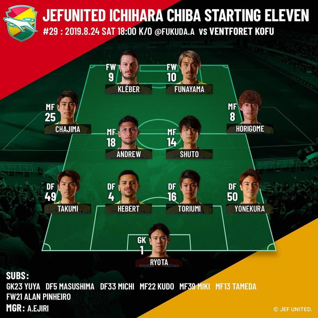 ジェフユナイテッド市原・千葉のインスタグラム：「2019.8.24 SAT 18:00 K/O vs VENTFORET KOFU JEFUNITED STARTING Ⅺ  #jefunited #jef #ジェフ千葉 #ヴァンフォーレ甲府 #スターティングメンバー #明治安田生命J2リーグ #Jリーグ #jleague」