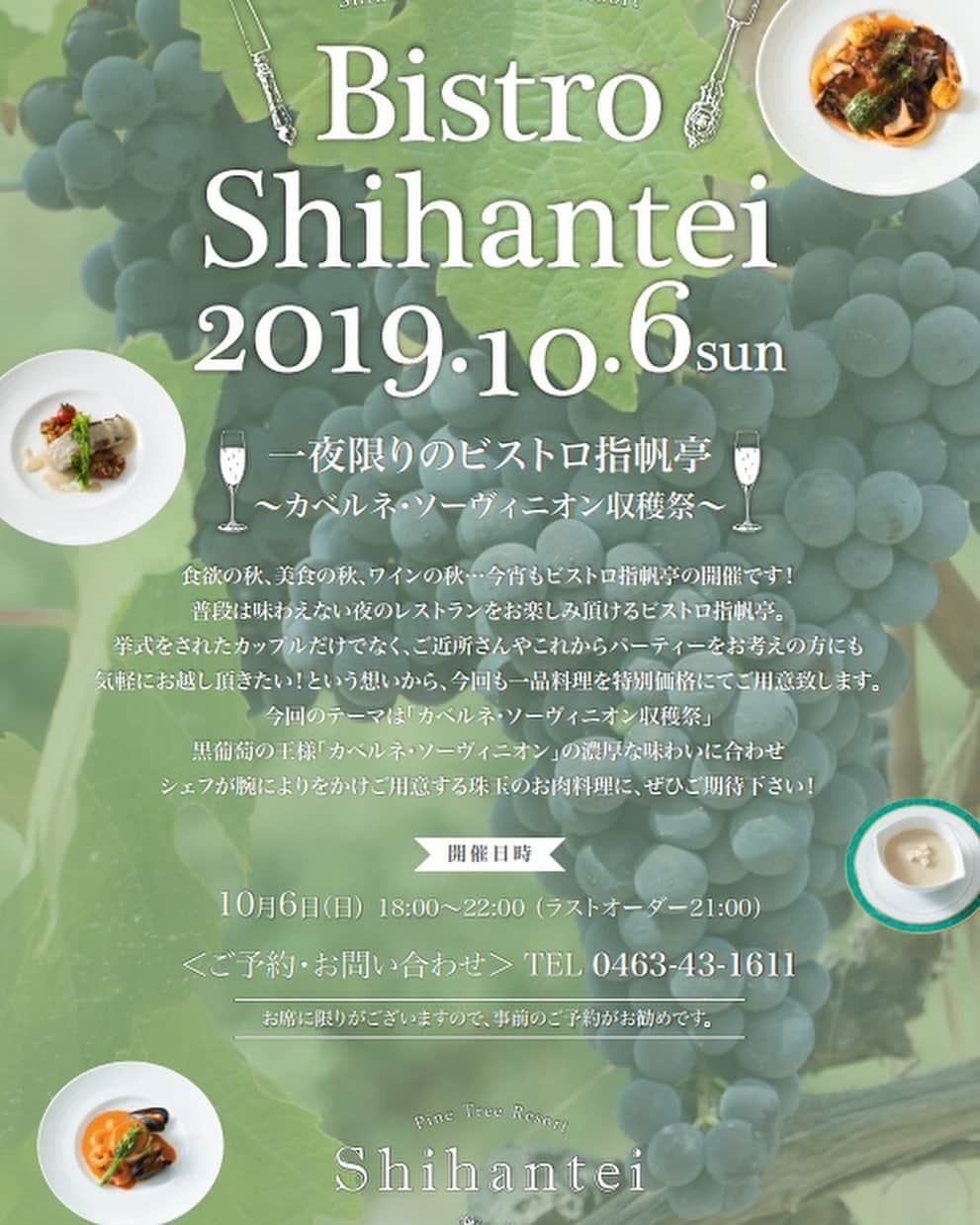 指帆亭さんのインスタグラム写真 - (指帆亭Instagram)「*・10月6日(日)ビストロ指帆亭、開催！・* 美食の秋、ワインの秋…今宵もビストロ指帆亭、開催です！ 普段は味わえない夜のレストランをお楽しみ頂けるビストロ指帆亭。 挙式をされたカップルだけでなく、ご近所さんやこれからパーティーをお考えの方にも気軽にお越し頂きたい！という想いから、今回も一品料理を特別価格にてご用意致します。 今回のテーマは「カベルネ・ソーヴィニオン収穫祭」。 黒葡萄の王様「カベルネ・ソーヴィニオン」の濃厚な味わいに合わせ、シェフが腕によりをかけご用意する珠玉のお肉料理に、ぜひご期待下さい！ * 一夜限りのビストロ指帆亭 〜カベルネ・ソーヴィニオン収穫祭〜 ♦︎10月6日（日）18:00〜22:00（L.O.21:00） ♦︎入場料、テーブルチャージ等はございません。 ♦︎web予約受付開始は9月6日から。 先行してお電話でのご予約は承っております。お気軽にご連絡くださいませ♪ ※お席・食材に限りがございますので、事前のご予約がお勧めです。 * #shihantei #指帆亭 #しはんてい  #bistro #ビストロ #dinner #ディナー #wine #ワイン #Chardonnay #シャルドネ  #レストラン #フレンチ #フランス料理 #ランチ #lunch #湘南ランチ #wedding #ウェディング #結婚 #結婚式  #記念日 #サプライズ #誕生日#ビストロ指帆亭」8月24日 18時28分 - shihantei