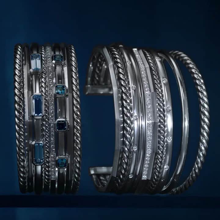 デビッドヤーマンのインスタグラム：「Awash in color. New Stax sterling silver designs with brilliant blue topaz. #linkinbio #DavidYurman」