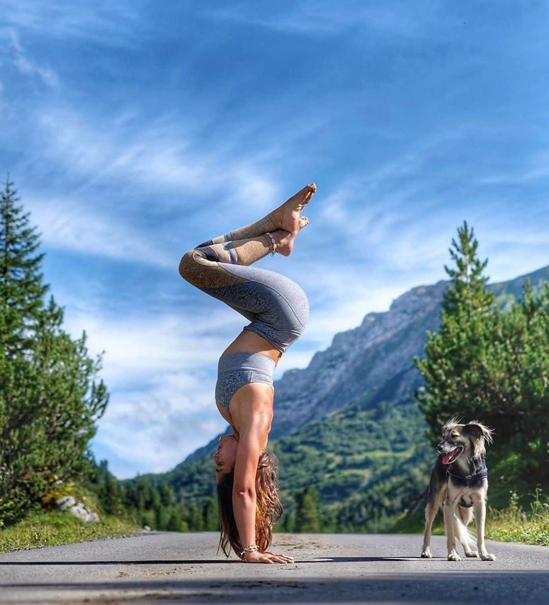 ALO Yogaさんのインスタグラム写真 - (ALO YogaInstagram)「“How beautiful it is to find someone who asks for nothing but your company.” – Brigitte Nicole 🐶💚 @martina_sergi takes this beautiful handstand in the company of her sweet pup in the mountains of Austria ⛰ She’s wearing her Alosoft Lush Bra & High-Waist Momentum Legging in Blue Haze 💙✨」8月25日 4時05分 - aloyoga