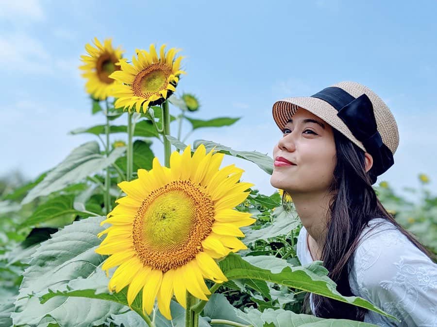 松山愛里のインスタグラム：「. 自分の身長より大きいひまわり🌻🌻 たくさんのひまわりに囲まれて、 お花好きとしてはたまら〜〜ん😊 #成田ゆめ牧場#ひまわり畑」