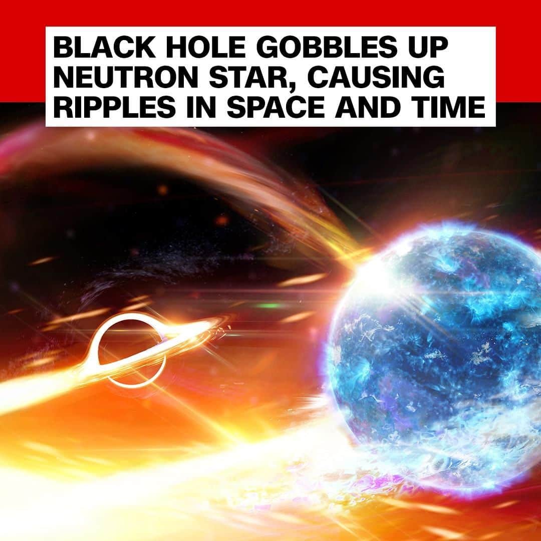 CNNさんのインスタグラム写真 - (CNNInstagram)「Gravitational detectors in Italy and the US detected telltale ripples in space and time traced to an event that took place roughly 900 million years ago, when a black hole likely gobbled up a neutron star. “We have always thought that there should be binary systems of a black hole and a neutron star circling each other out in space, so if this event is confirmed, it would be the first evidence that such systems do actually exist, and that some of the mare spiraling closer and closer and eventually smashing together,” said one scientist. (📸: Carl Knox/OzGrav ARC Centre of Excellence)⁣」8月25日 7時15分 - cnn