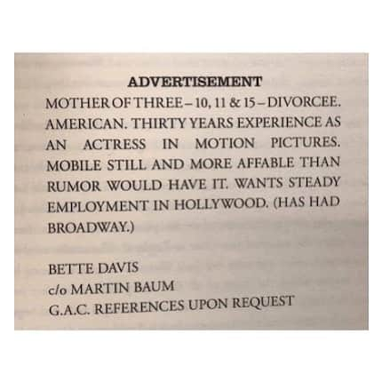 オリヴィア・ワイルドさんのインスタグラム写真 - (オリヴィア・ワイルドInstagram)「Actual ad placed by Bette Davis in 1962, when work started to dry up. She was 54. “More affable than rumor would have it” is now the name of my production company. And my cat. Via @lettersofnote #hashadbroadway」8月25日 7時24分 - oliviawilde