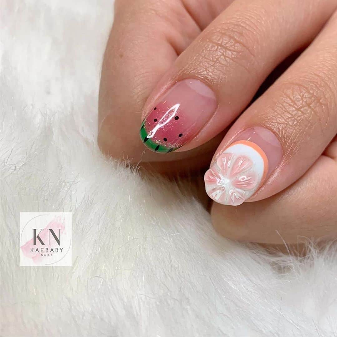 initygel_officialさんのインスタグラム写真 - (initygel_officialInstagram)「#Repost @kaebaby_nails with @get_repost ・・・ || Gel Manicure || Melons all around for Stacey 🍋🍈🍓🍎🍉 (Oval shape) #InityGelGrossPink #InityGel #InityGelRichPearl」8月25日 12時00分 - initygel_official