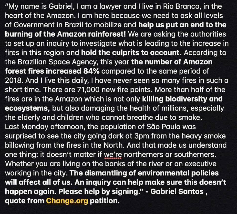 ミカエラ・シフリンのインスタグラム：「Please Read🙏🏻 The Amazon is the most diverse ecosystem on our planet. This affects every single person on Earth. • • •  A few ways to help: ⁃SPREAD THE WORD. These fires have been burning for far too long and the media is only beginning to cover it now. ⁃If you are able, donate to protect an acre - https://www.ran.org/issue/protect_an_acre/ (link in my stories) ⁃Limit beef consumption」