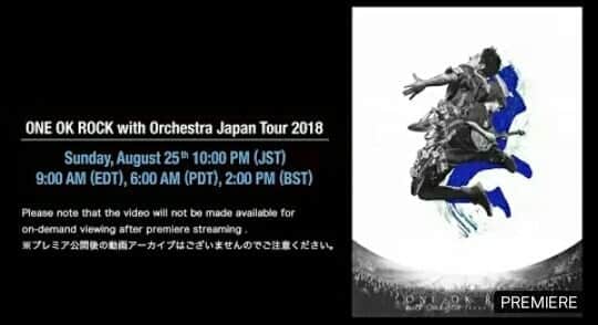 ONE OK ROCK WORLDさんのインスタグラム写真 - (ONE OK ROCK WORLDInstagram)「Don't miss special LIVE streaming #oneokrockwithorchestrajapantour2018 in Youtube Premieres will start in about an hour from now!  There will be NO REPLAY so go click the link in our latest Story!  #oneokrock #fueledbyramen #amuse #asketch #jrock #concert #live #youtube #taka #toru #ryota #tomoya #orchestra」8月25日 20時57分 - oneokrockworld
