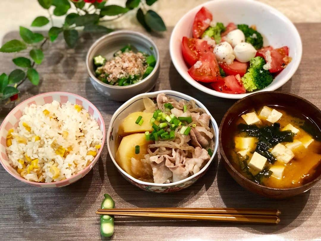 藤田りえさんのインスタグラム写真 - (藤田りえInstagram)「娘と一緒に作ったご飯。﻿ 肉じゃがはお醤油、日本酒、黒糖で味付け。﻿ サラダには塩麹とEXバージンオリーブオイルと黒胡椒のドレッシング。﻿ お味噌汁の仕上げにはスダチをきゅっと搾って。﻿ ﻿ ＊肉じゃが﻿ ＊トマトとブロッコリーとモッツァレラチーズのサラダ﻿ ＊オクラとほうれん草のお浸し﻿ ＊豆腐とワカメのお味噌汁﻿ ＊とうもろこしご飯﻿ ﻿ #藤田りえ﻿ #アナウンサー﻿ #フリーアナウンサー﻿ #晩御飯﻿ #晩ごはん #晩ごはん記録  #晩御飯の記録  #晩御飯の献立  #肉じゃが﻿ #徳島県産 #徳島県産すだち  #娘ご飯 #夏ごはん  #夏の終わりに #暦の上では秋」8月26日 10時25分 - rie_fujita.ana