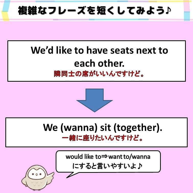 超絶シンプル英会話♪さんのインスタグラム写真 - (超絶シンプル英会話♪Instagram)「- - ※順番間違いで再投稿しました、すみません💦 今日はちょっと長くて言いにくいフレーズを、 シンプルに言いかえてみました♪ 全部で３つの長い文を用意しました。 まずは( )の中にどんな単語が入るか、それぞれ考えてみて下さい。 - どれも海外旅行で使えるフレーズです。 元のフレーズのまま言ってももちろん問題はないのですが、 特に英会話初心者の方は、こんな長くて複雑なフレーズ、言えないですよね。 - そんなときに使えるのが、「言い変え」です！！ どれももとの文より断然言いやすく、シンプルになっています♪ 言い変えたほうの文を見るとわかるように、 どれも中学初級レベルの単語を使っているので、語彙力も必要ありません。 また、「I'd like to～」などは、発音しにくいし、相手に伝わりにくかったりしましよね。 そんなときは代わりに「I want to」や「I wanna」を使い、発音しやすい表現に変えて言うのも、この「言いかえ」のやり方の一つです。 - これをマスターできると、「〇〇って英語でなんて言うのかわからない...」などの悩みがなくなり、スムーズに英語が話せるようになります♪ - テストで使う英語と、日常で話す英語って、結構違うんです。 日本語でもそうですよね。例えば - ①「私の姉は料理が得意ではありません。」 ②「うちのお姉ちゃん、料理あんまりできないんだよね。」 - どっちが日常で使いますか？ （ちなみに大阪出身の私が言うと、 「うちの姉ちゃん料理あんましできひんねんな。」になります笑） ①が教科書的には正解ですが、このような言い方は日常会話ではしないはず。 文法的には間違っているけど、②のほうが会話で話すぶんにはしっくりきますよね。 - 英会話では 「正しい英語」よりも、 「相手に伝わる英語」を話すことを より意識していきましょう♪ - - ======================== 書籍『1回で伝わる 短い英語』 絶賛発売中！！ ======================== - おかげ様で絶賛重版しています！！ みなさんから「買いました」メッセージもたくさんいただき、本当にありがたいです✨🙏 Amazonランキング1位！！ 全国の書店、オンラインでも発売中です♪ Kindle版もあるので、持ち運びが面倒な方はぜひ💖 ここで紹介しているフレーズ以外にも描き下ろしたくさん、 音声もダウンロード可能です！！ ぜひご覧ください(^^)/ - - ======================== 『英語で日記を書いてみよう！』 ======================== noteで更新してます♪ プロフィールのアーカイブから是非ご覧ください(^^)/ 簡単そうなんだけど、意外とどうやって言っていいのかわからない。。。 そんなフレーズを載せていきます。 - - - #英語#英会話#超絶シンプル英会話#留学#海外旅行#海外留学#勉強#学生#英語の勉強#mami#オンラインサロン#英語話せるようになりたい#英会話スクール#英語教室#英語勉強#子育て英語#身につく英会話サロン#オンライン英会話#studyenglish#studyjapanese#instastudy#書籍化」8月26日 19時35分 - english.eikaiwa