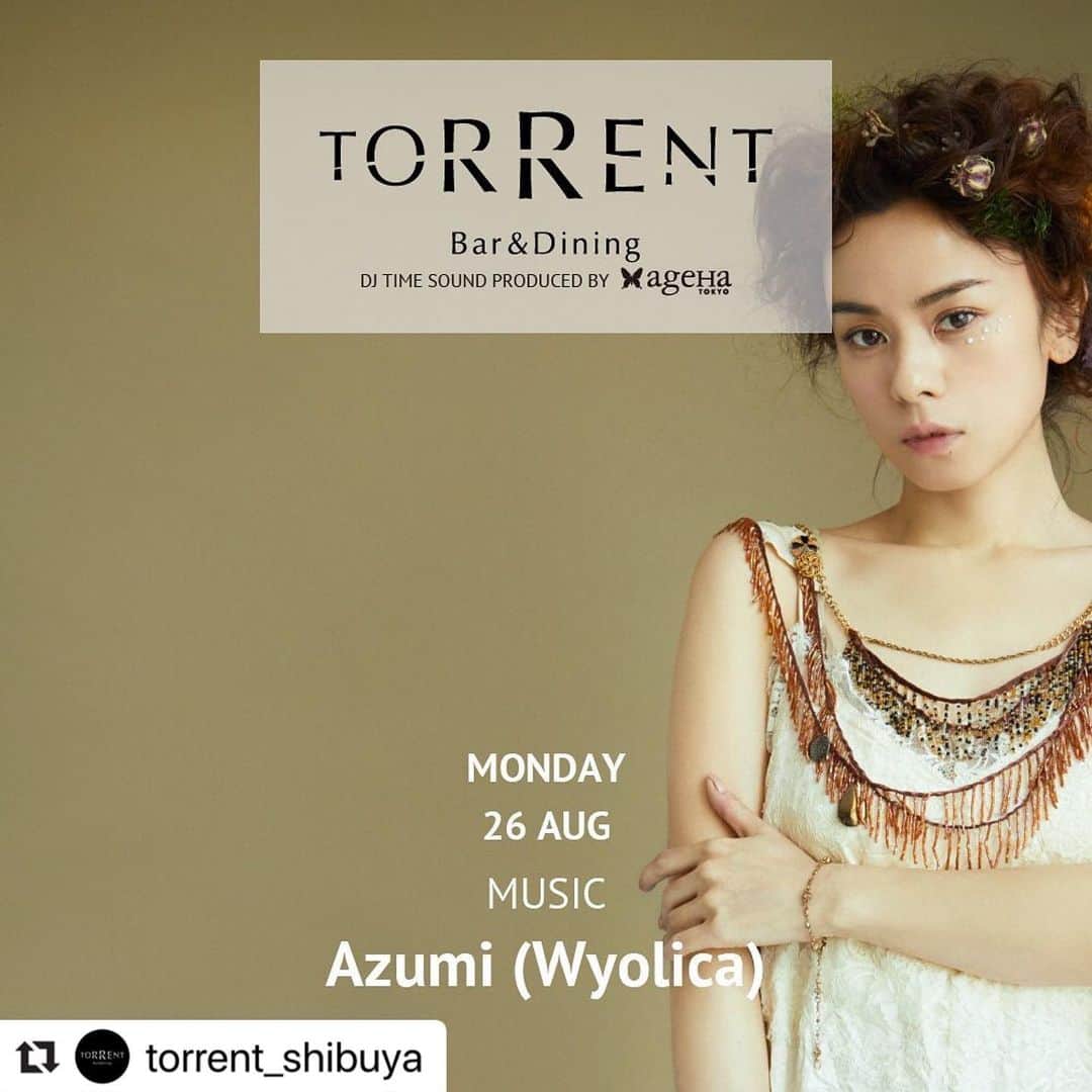azumiのインスタグラム：「本日DJです。 お仕事帰りにぜひ🍷 #Repost @torrent_shibuya with @make_repost ・・・ TONIGHT’s DJ!! 【MONDAY 26 AUGUST】 * 🎵MUSIC by @xx_azumi_xx * DJ TIME SOUND PRODUCED by @agehatokyo @asobisystem_official  https://www.torrent-shibuya.com/ * ⏰20:30-23:30 (✔️NO CHARGE/ENTRANCE FREE) * 🏨 SHIBUYA STREAM EXCEL HOTEL TOKYU 4F 渋谷ストリームエレベーターにて4Fまでお越し下さい。(渋谷駅16b出口直結/BAR OPEN🍷17:00-24:00) * #SHIBUYA #渋谷 #HOTEL #BAR #MUSIC #DJ #DRINK #TOKYO #STREAM #EXCEL #SHIBUYASTREAM #NIGHTOUT #TOKYU #HIPHOP #RnB #LOUNGE #HOUSE #CHILLOUT #SOUL #DISCO #JAZZ @shibuyastream_official」