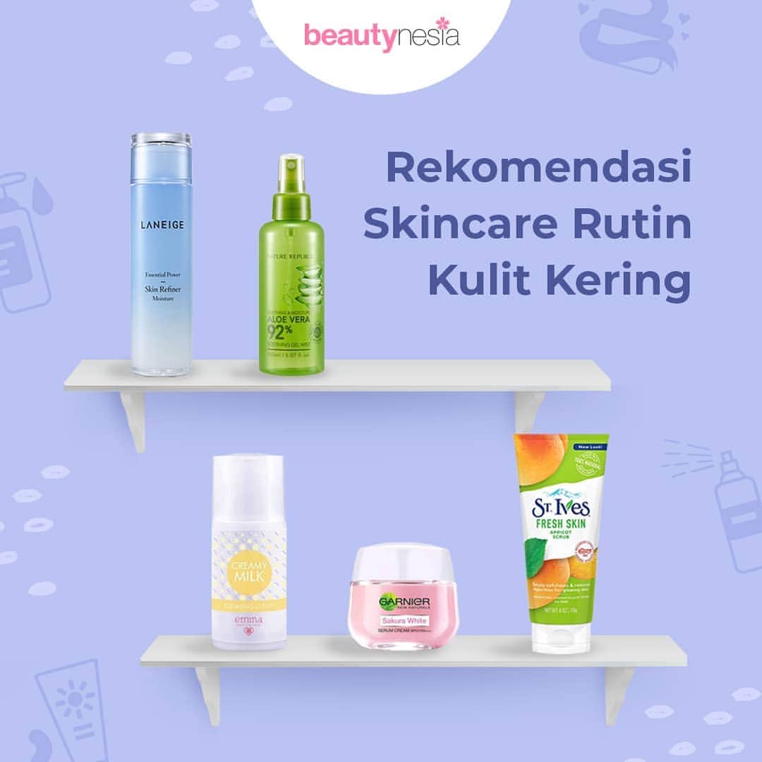 のインスタグラム：「Kamu punya kulit kering dan sering bingung mengatasi masalahnya? Jawabannya bisa kamu temukan di rekomendasi skincare rutin kali ini. Kulit kamu bisa jadi lebih bersih dan lembab lho, yuk cobain! . - Nature Republic Aloe Vera Soothing Gel Mist. - St. Ives Fresh Skin Apricot Scrub - Garnier Sakura White Pinkish Radiance & Smooth Pores Whitening Serum Cream - Laneige Essential Balancing Moisture Skin Refiner - Emina Creamy Milk Cleansing Lotion  Diantara produk di atas, mana yang termasuk wishlist kamu nih? Atau kalian punya produk favorit lain? Comment di bawah ya 😄  #Beautynesia #BeautynesiaID #RekomendasiBeautynesia #skincare #skincarerutin #kulitkering #skincarekulitkering #BeautynesiaRecommendsBeauty」