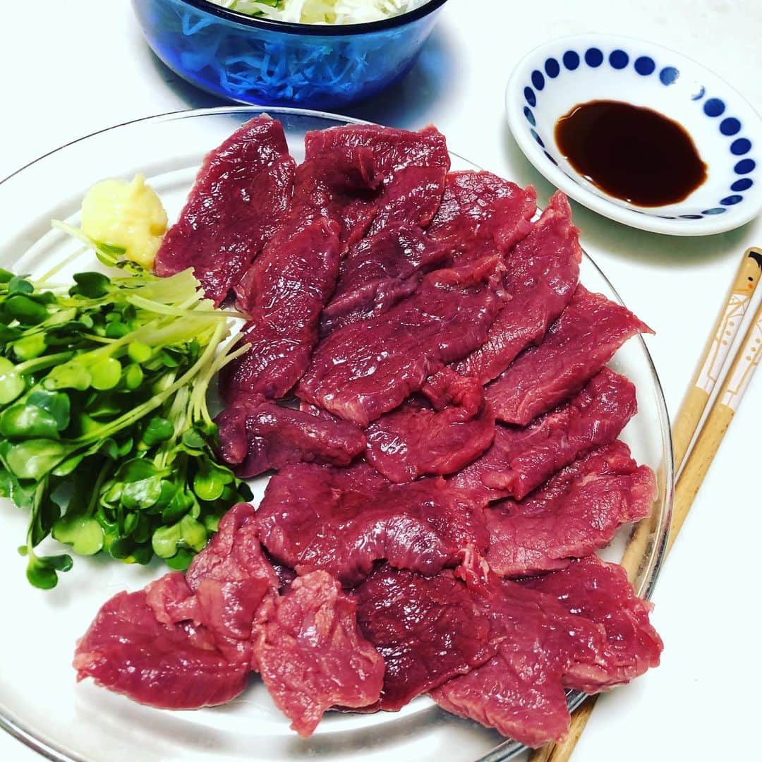 凰津りささんのインスタグラム写真 - (凰津りさInstagram)「馬刺し🐴 . . 好きなんですよね。 . たいちゃんの減量中に馬刺しや、馬肉ハンバーグ作ってあげてました🐴 . 食生活って大事よね– とわかってはいるものの、 昨夜はドミノピザ🍕笑 . そして毎晩の晩酌🍺 . この写真はとある日のたいちゃんの夕飯🍽 . 居酒屋さんで食べても、専門店で食べてもほとんど冷凍だから我が家はもう通販で馬肉を買っちゃう〜 . どなたか馬肉にあう醤油ご存知ないですか？？ . もうすぐ富山に着くけど、 父上は私に何を用意してくれているのだろう？？ ワクワクドキドキが止まらない😘😘😘 . たいちゃん、利直と離れるの凄く寂しそうだった。。。 ごめんね。。。 . . #筋トレ には #肉 #馬肉 は #通販でも十分美味しいよ #オススメ の通販ショップは #グルメソムリエ #楽天 であるよ！！ グルメソムリエの火鍋セットも超オススメ！！！」8月26日 20時43分 - outsu.risa95