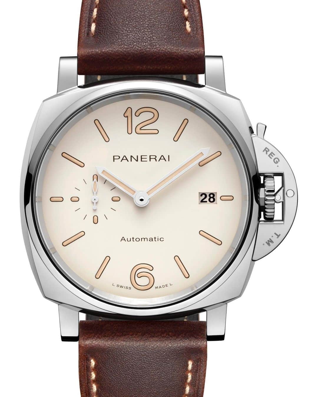 パネライのインスタグラム：「So #panerai released 6 new Luminor Due models today ranging from 38mm to 45mm. Figured I would share one of the more different looking ones for now. This is the #PAM1046 42mm with white dial and beige Lume. This dial also is available in a 38mm version as well in both steel and Goldtech. Tell me your thoughts! #PaneraiCentral」