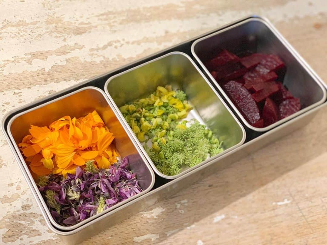 のインスタグラム：「薬膳講座のあとのランチは写真を撮る余裕がないのですが、大原の野菜と蒸し鶏（抗生物質、ホルモン剤一切不使用の美味しい鶏肉》果物をたっぷり乗せた麺料理です。 タレは黒酢、練り胡麻、蜂蜜などで作り、自家製ラー油をかけています。今日の飾りは大原のお花とビーツ🌼 お茶は昨日発売になった #寿養茶 @juyo_cha です！ #青山有紀 #青山有紀ごはん」