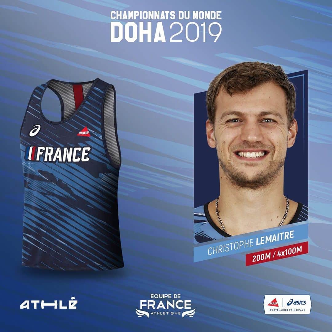 クリストフ・ルメートルのインスタグラム：「Sélectionné officiellement pour les championnats du monde de Doha sur 200m ainsi que sur le relais 4x100m. Merci à @ffathletisme pour leur confiance et leur soutien. #asics #ensemble #championnatdumonde #poursuistonreve」
