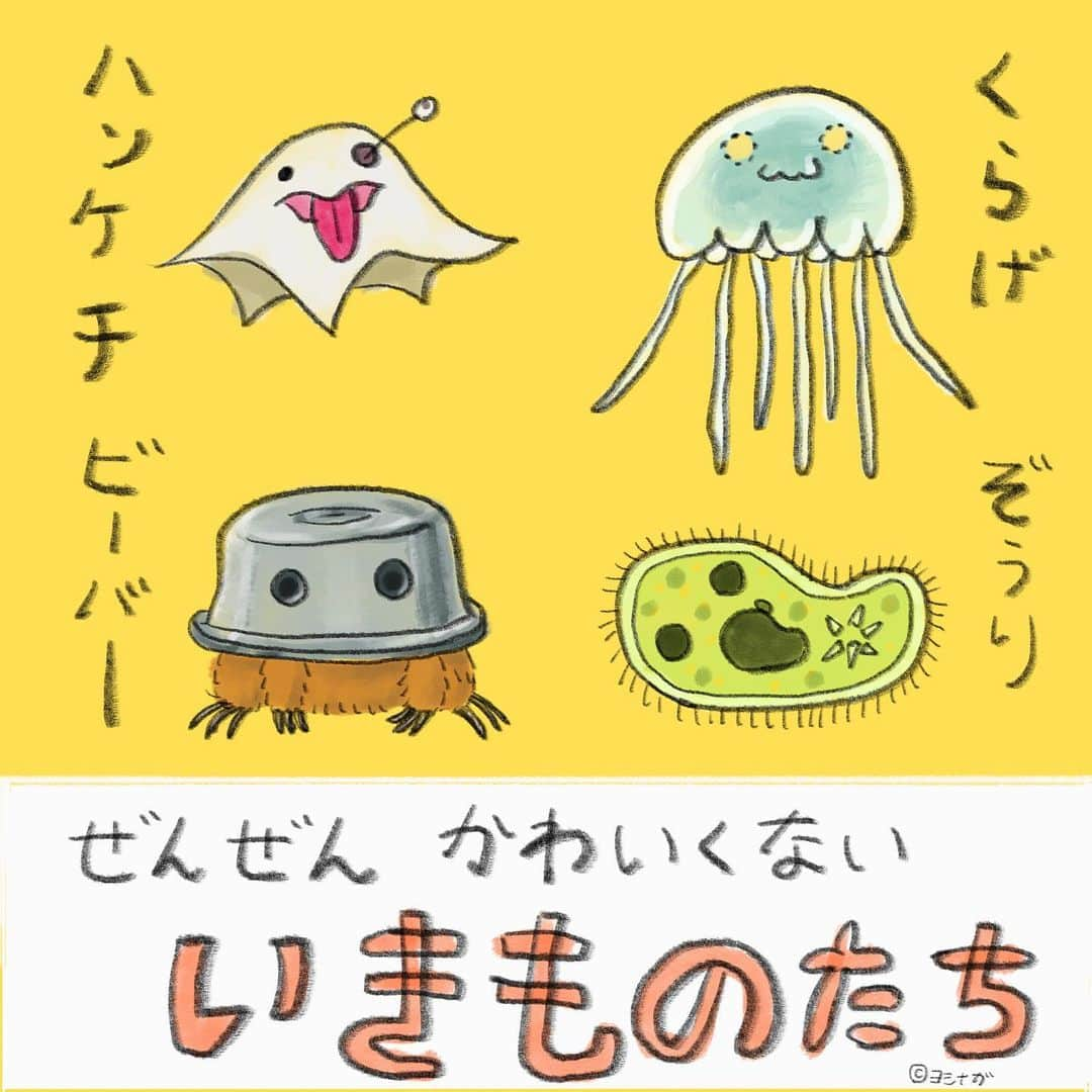  吉永龍樹のインスタグラム：「ぜんぜんかわいくない生き物たち ・ ・ ・ #ハンケチ #くらげ #ビーバー #ぞうりむし #jellyfish #Paramecium #かわいくない #生き物 #creature #LINEスタンプ #僕秩 #ヨシナガ #dfnt #illustration #イラスト #いらすと #どうぶつ #kawaii #絵 #drawing #キャラクター」