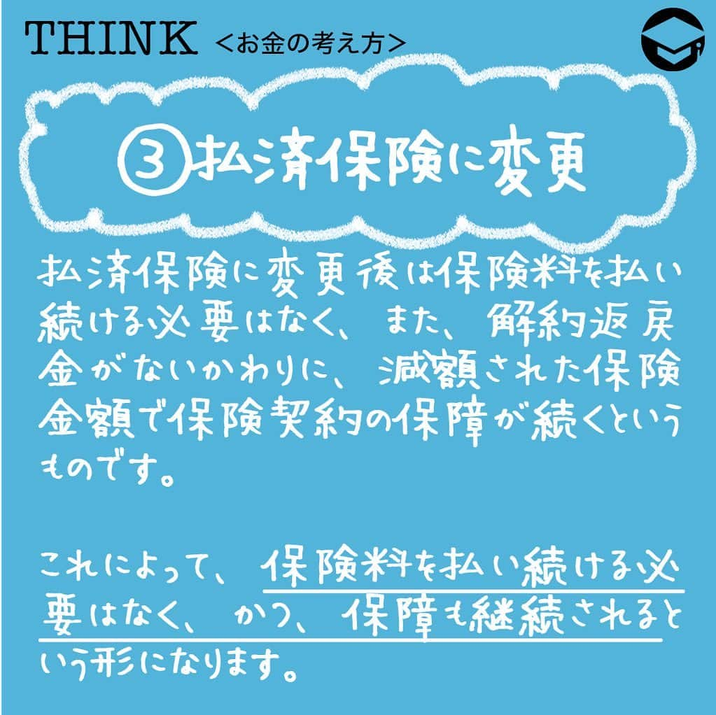 ファイナンシャルアカデミー(公式) さんのインスタグラム写真 - (ファイナンシャルアカデミー(公式) Instagram)「保険料を払えなくなったときの3つの選択肢﻿ ﻿ ﻿ ＊＊＊＊＊＊＊＊＊＊＊＊＊＊＊＊＊＊＊＊＊＊＊＊＊＊ ﻿ ①解約﻿ ﻿ 保険契約自体を解約することで、解約日後に保険料を払い続ける必要がなくなります。また、無解約返戻金型の保険でない限り、解約時に解約返戻金が支払われることが一般的。もちろん、保険契約を解約しますので、解約した後は保障がなくなってしまいます。極端な話、解約して数日後に死亡したとしても、そこでは保険金は支払われなくなるわけです。﻿ ﻿ ＊＊＊＊＊＊＊＊＊＊＊＊＊＊＊＊＊＊＊＊＊＊＊＊＊＊ ﻿ ②減額（一部解約）﻿ ﻿ 保険金額を減額すれば、それに比例して保険料を減らすことができます。簡単な例として、元々保険金額1,000万円の定期保険を減額して保険金額を半額の500万円にしたとすると、減額後の保険料も基本的に半額となります（高額割引制度が適用されている場合などは、完全に半額にならない場合もあります）。﻿ ﻿ 減額した部分に対応する解約返戻金も支払われることになります。解約でなく減額をすることで、保険金額を減らしながらも保険契約は継続されます。﻿ ﻿ ＊＊＊＊＊＊＊＊＊＊＊＊＊＊＊＊＊＊＊＊＊＊＊＊＊＊ ﻿ ③払済保険に変更﻿ ﻿ 払済保険に変更後は保険料を払い続ける必要はなく、また、解約返戻金がないかわりに、減額された保険金額で保険契約の保障が続くというものです。これは、一旦元の保険契約を解約して、本来支払われるはずの解約返戻金を原資として、減額された保険金額の保険契約を再度購入するというイメージです。これによって、保険料を払い続ける必要はなく、かつ、保障も継続されるという形になります。﻿ ﻿ ＊＊＊＊＊＊＊＊＊＊＊＊＊＊＊＊＊＊＊＊＊＊＊＊＊＊ ﻿ #ファイナンシャルアカデミー #financialacademy #ファイナンシャルプランナー #お金の教養  #手書きアカウント #手書きツイート #手書きポスト初心者 #手書きポスト #デジタルツイート #自分次第 ﻿ #自己実現 #勉強 #勉強会 #勉強中 #勉強記録 #勉強垢さんと繋がりたい #勉強垢 #情報収集 #貯金 ﻿ #お金を貯める #お金が欲しい #貯蓄 #保険 #保険の見直し #暮らしを整える #保険料 #節約生活 #貯金生活 #節約 #生命保険﻿」8月27日 17時07分 - financial_academy