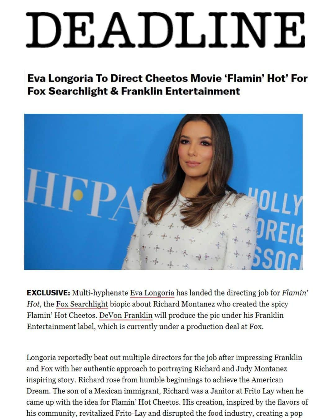 エヴァ・ロンゴリアさんのインスタグラム写真 - (エヴァ・ロンゴリアInstagram)「I’ve been dying to share this news with y’all!! It’s my privilege to work alongside @devonfranklin and @hotcheetosrpm to bring the story of Flamin Hot Cheetos (which we all love!) to life! It’s inspirational and beautiful and the kind of story we need right now! Representation matters ✊🏼 #FlaminHot 🔥 **story link in bio**」8月28日 2時14分 - evalongoria