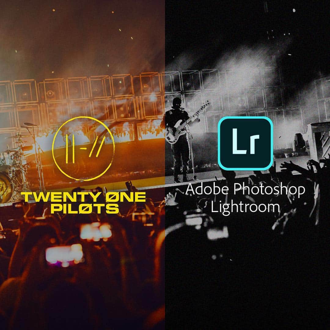 トゥエンティ・ワン・パイロッツのインスタグラム：「our second challenge is officially live. transform one of our tour photos into a bold black and white shot using Adobe Photoshop Lightroom and you could win an exclusive trip to see us live. [link in bio]」
