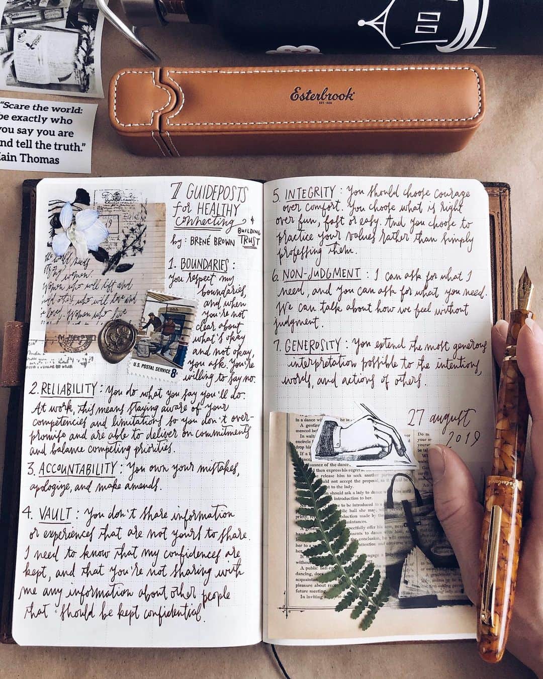 Catharine Mi-Sookさんのインスタグラム写真 - (Catharine Mi-SookInstagram)「I’m feeling really encouraged that I’ve finally found a #bulletjournal system that I can maintain! Hooray! Once or twice a week with a focus on wholeness and well-being. Today’s list is by Brené Brown and is a favorite of mine. I find it to be a great litmus test and reminder with regards to how we communicate with our close ones. I’m really looking forward in being able to use this as a resource for the days ahead when I need helpful reminders that match my goals and values! 🙌🏼 . . And on the subject of new practices, I’m really excited (understatement) to introduce the original @paperangprint P1 Printer! It is portable, thermal-based (which means no ink cartridges or refills, no waste, and cost effective) and easy to use! They offer a variety of paper options and I chose the semi-transparent sticker roll, white sticker roll and of course the white paper roll that comes with the printer. Can we say scrapbooking game changer?! Now I can print my own vintage-theme ephemera, stickers and even photo prints! I can’t wait to experiment and play around with this more. A big thank you to the kind folks at @paperangprint for sending this portable printer and paper for me to try out! Later this week I’ll be sharing a process video of how it all works from changing paper, using the @paperangprint app, customizing and printing your own ephemera! For those who cannot wait, they’re having an awesome back to school sale that ends tomorrow. . . Also for those who asked- there are still complimentary water bottles available at @penchalet with an Estie Honeycomb Pen order but you need to use the link in my bio so that you get the water bottle! First time orders get a discount when you sign up on their mailing list too! . . So on another note, who is ready for fall and who is holding onto summer? I love both seasons but summer always seems to fly by. . . #journaling #scrapbooking #paperang #paperangprinter #soumkine #esterbrook #fountainpens #stationeryaddict #stationerylove #travelerscompany #トラベラーズノート #midoritravelersnotebook #pegandawl #flatlaystyle #flatlays #monteverde #fountainpenink #scrapbooklayout #junkjournal #brenebrown #penmanship #ephemera #thedailywriting」8月28日 4時36分 - catharinemisook