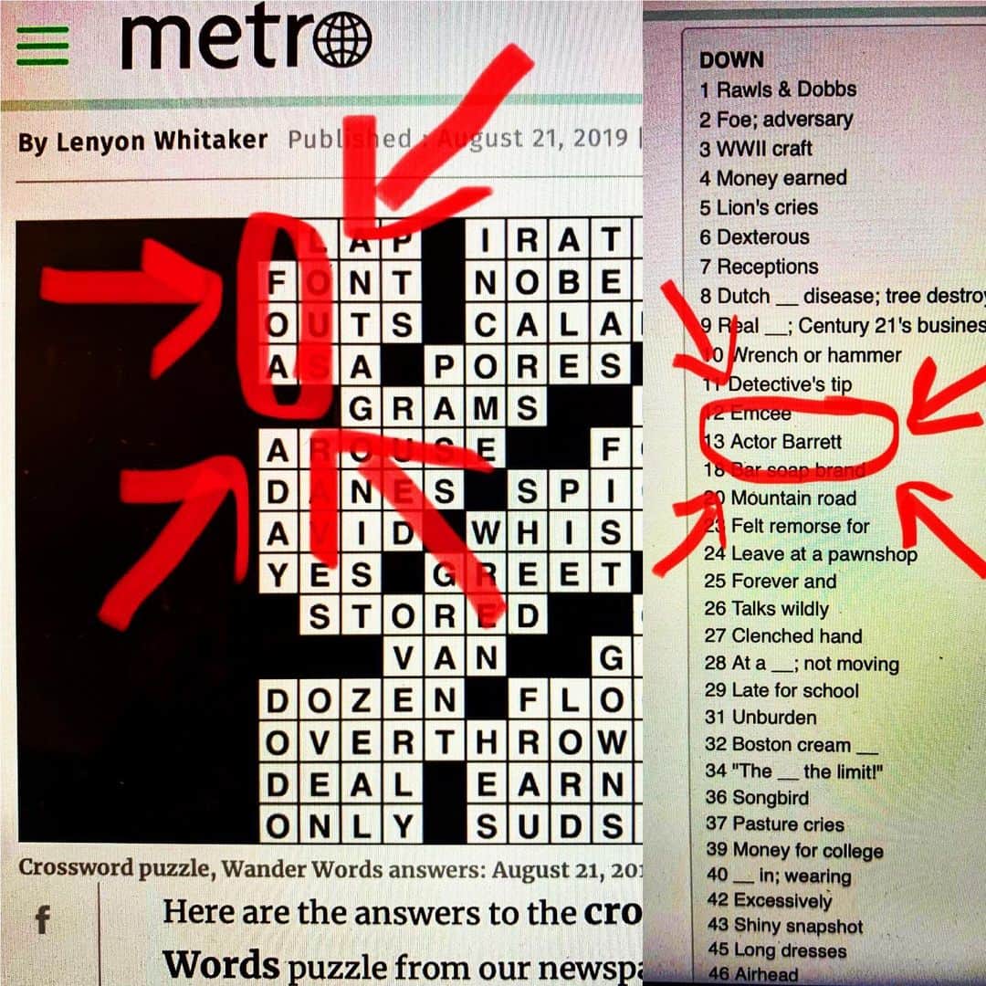 バーレット・フォアのインスタグラム：「Having a short and unusual surname has really upped my crossword puzzle answer game! Thanks, @metro  #crossword #crosswordpuzzle #metro」