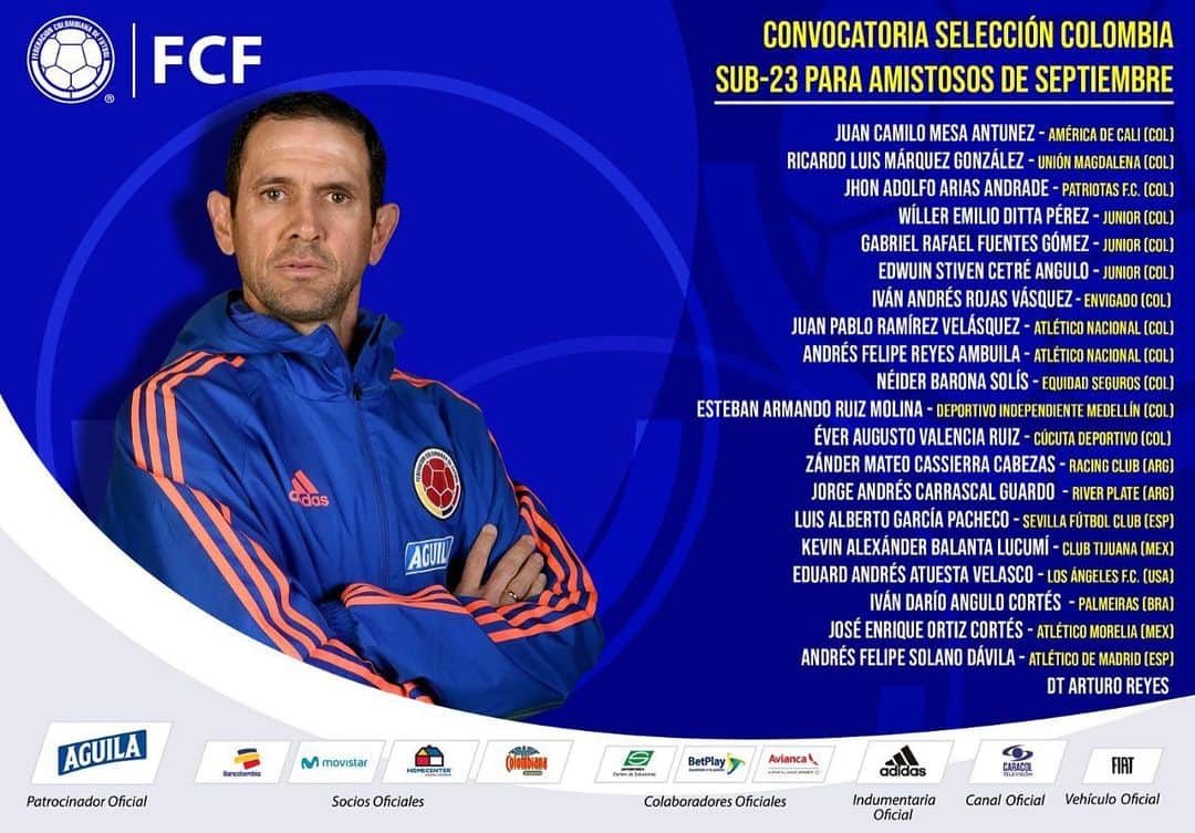 サッカー コロンビア代表チームのインスタグラム：「Convocatoria Selección Colombia Masculina Sub-23, para amistosos de septiembre. 👊🏼⚽️」