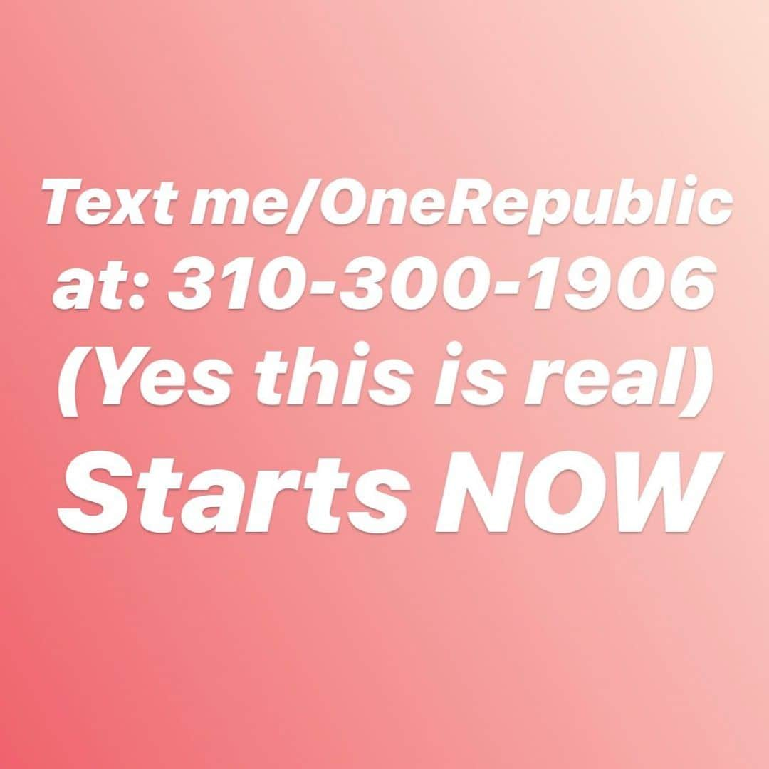 ライアン・テダーさんのインスタグラム写真 - (ライアン・テダーInstagram)「Not a gimmick- for years and years anytime we want to tell certain cities or certain “groups” of fans about specific events or concerts or even just “hey there” in THEIR city - We do a post on IG or Twitter… And everybody around the world is forced to see it, which doesn’t make sense… Telling people in New York City that we have a show coming in Seattle doesn’t make sense… This is a real phone number that allows us to text you specifically when we are in your area or have any new songs, shows, merch, or LITERALLY just venting or talking like normal people do via text message… it allows us to aim what we are saying to you specifically instead of talking to everyone all the time.  We can send and receive messages and we all have access to the phone #… It won’t be every day because that would be annoying but it will be frequent, love you guys.」8月28日 10時17分 - ryantedder