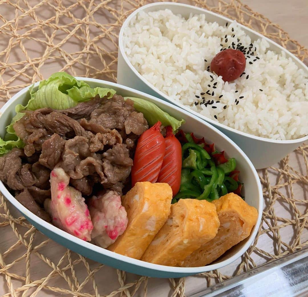 本田しおりのインスタグラム：「#今日のお弁当  #焼肉弁当 #生姜入りグラスフェットバター卵#無限ピーマン#紅ショウガ天#赤ウインナー  #お弁当 #本田弁当 #旦那さん弁当 #神ちゃん弁当  #神弁」