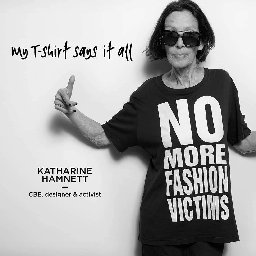 キャサリンハムネットのインスタグラム：「Ahead of fashion month, Global Fashion Agenda @globalfashionagenda has unveiled a new campaign that brings together leading voices from across the fashion industry to drive awareness and inspire action on sustainability . . #beyondnextseason #globalfashionagenda #ethicalfashion #sustainable #NOMOREFASHIONVICTIMS #katharinehamnett #katharinehamnettlondon」