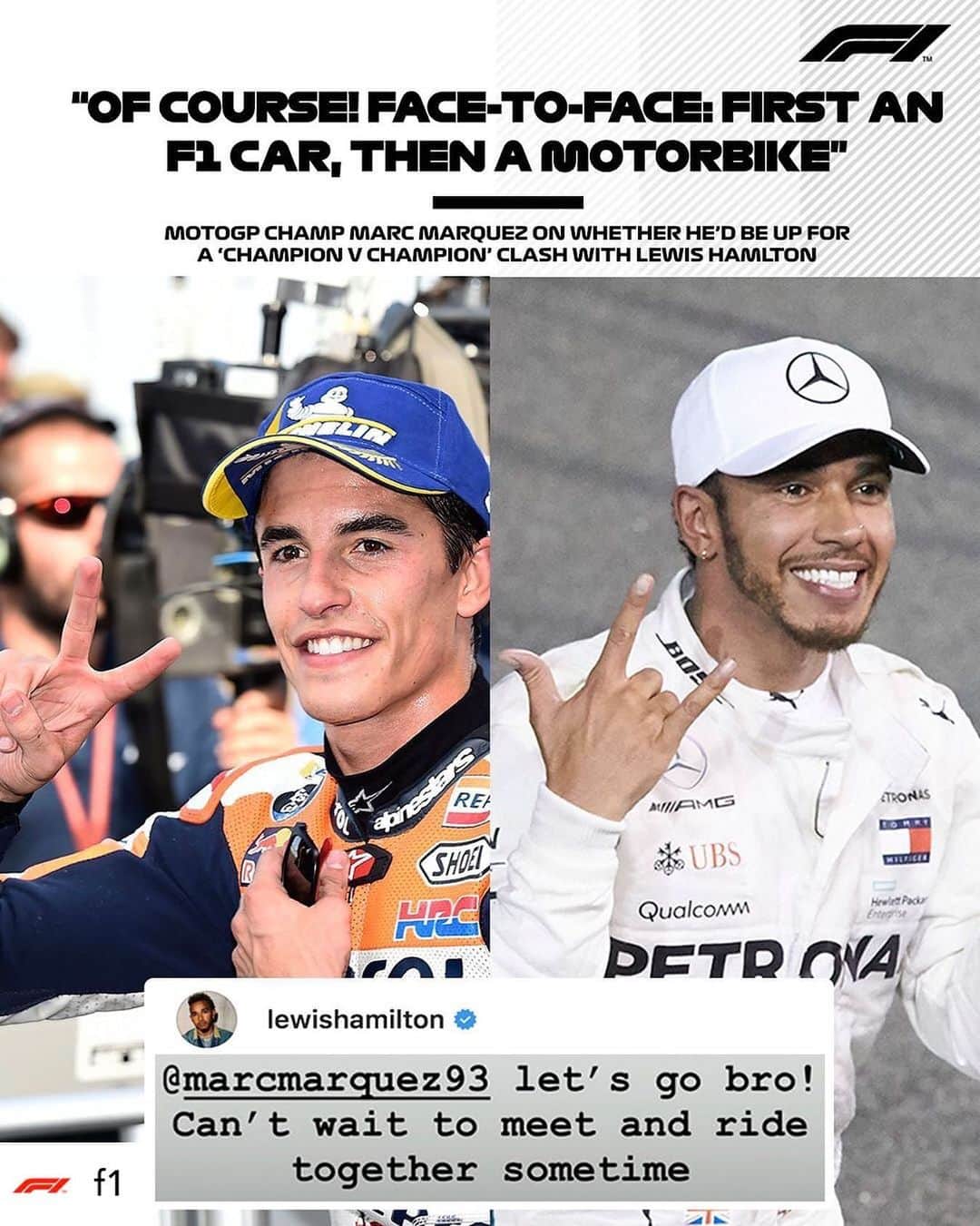 MotoGPさんのインスタグラム写真 - (MotoGPInstagram)「Looks like @f1 are down for this... how about you? Use an emoji to describe how much you’d want to see @marcmarquez93 vs @lewishamilton!👇 #MotoGP #F1」8月28日 21時46分 - motogp