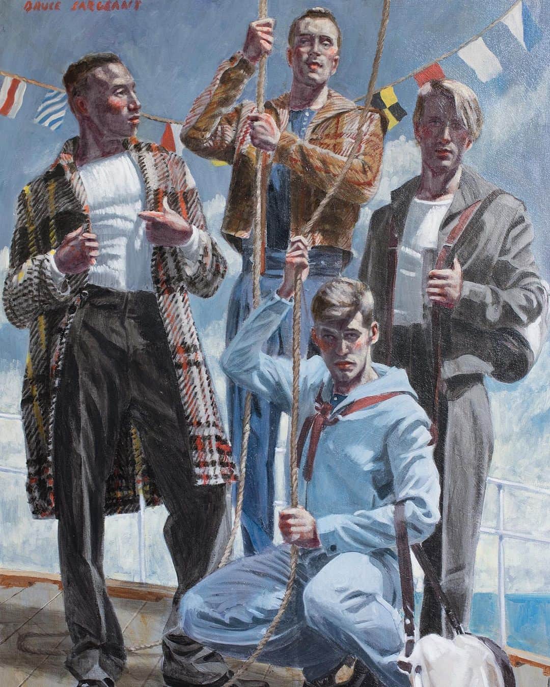 ランバンのインスタグラム：「MYSTIC PILGRIMS: the sailors. Hand-painted oil on canvas, by the New York-based artist #BruceSargeant for #LanvinFW19 collection. #LanvinbyBrunoSialelli」