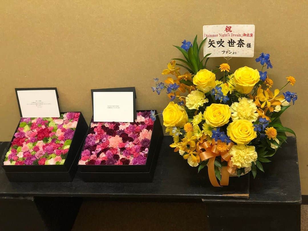 矢吹世奈のインスタグラム：「・ 楽屋に届いたかわいいお花たち😋💐💓 ニコライバーグマンかわいすぎやし 黄色のお花たちも 元気が出る色でだいすきだ💛💙💛 この３つが並んでるのがまた可愛いわぁ〜🤦‍♀️💓 ほんとにありがとうございます🥺 #お花#nicolaibergmann#yellow#かわいい#感謝」