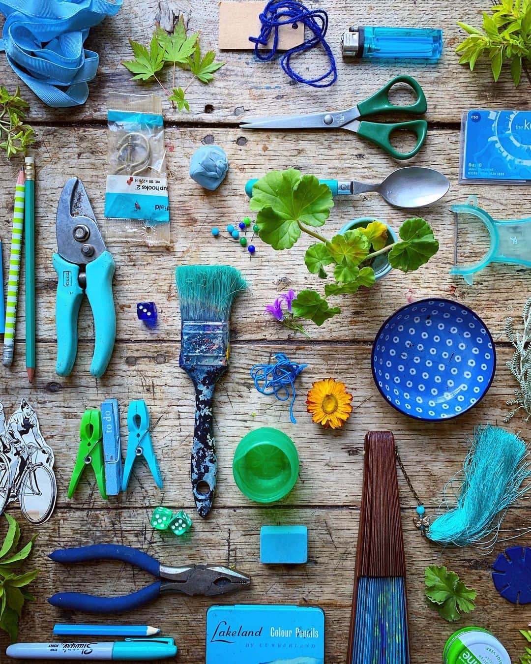 Tea and sittingのインスタグラム：「...some contents of 3 drawers plus bits of the garden 🌿💙 #5ftinftable #5ftinfcolourcombos #consciouscreativity #colourcollecting #domesticforaging」