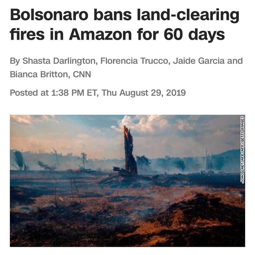 CNNさんのインスタグラム写真 - (CNNInstagram)「Follow ➡️ @cnnclimate ➡️ Amid international outrage, Brazil’s President Jair Bolsonaro banned the use of fire to clear land throughout the country for 60 days in response to the massive increase in blazes in the Amazon rainforest. Scientists warned that the fires, which have been raging at a record rate, could strike a devastating blow to the fight against climate change. Bolsonaro has repeatedly insisted the Amazon should be opened to development and has defunded the agencies responsible for cracking down on illegal activity. For more, click the link in our bio.」8月30日 6時30分 - cnn