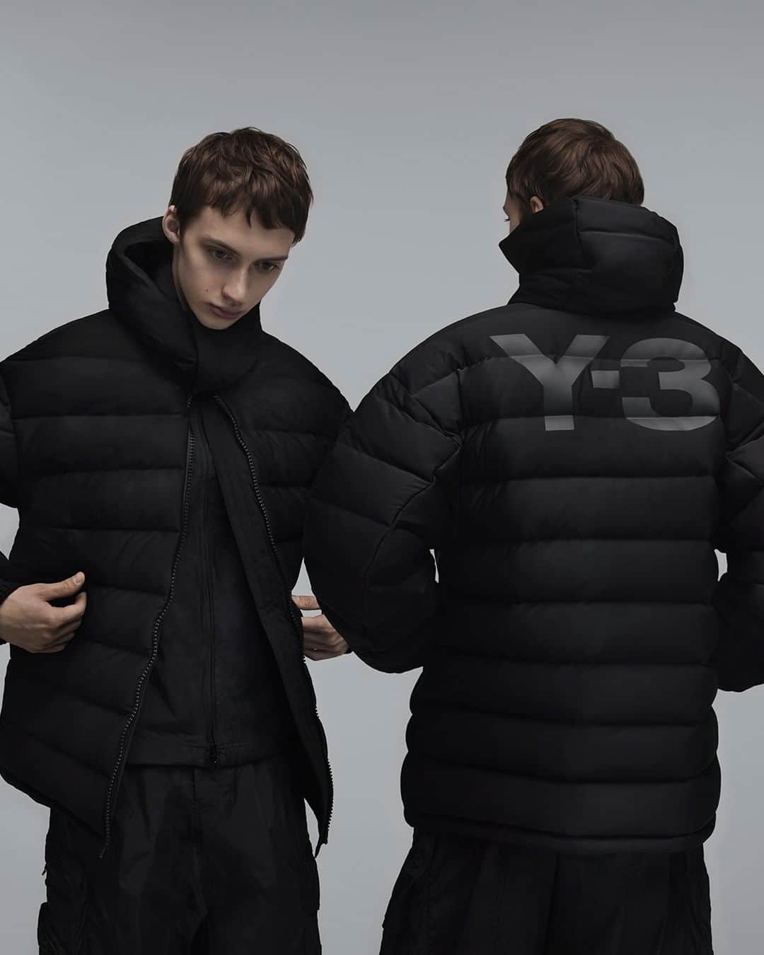 ワイスリーのインスタグラム：「Y-3 Seamless Down Hooded Jacket, Y-3 Woven Shell Track Jacket and Y-3 Shell Track Pants. Y-3 Fall Winter 2019. 📷: @yvanfabing Styling: @_mariechaix_ --- #adidas #Y3 #YohjiYamamoto Discover the collection at Y-3.com」