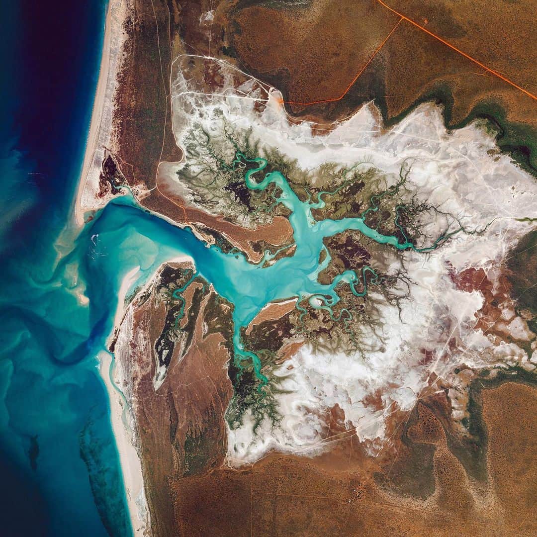 Daily Overviewさんのインスタグラム写真 - (Daily OverviewInstagram)「Willie Creek is a protected tidal estuary roughly 10.5 miles (17 km) north of Broome, Western Australia. The creek’s calm, nutrient-rich waters make it an ideal habitat for the Pinctada maxima oyster, which produces world-renowned pearls. /// Created by @dailyoverview, source imagery: @maxartechnologies」8月30日 1時02分 - dailyoverview