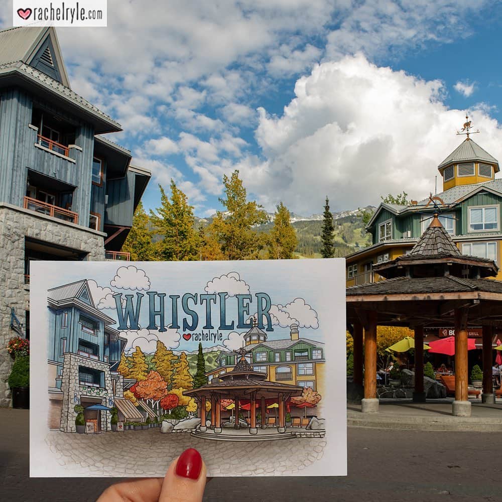 Rachel Ryleのインスタグラム：「This past month I took a trip with @natgeo to Whistler, British Columbia, and finally I get to share with you what I’ve been busy working on! @natgeotravel sent me to this charming mountain town to create a fall themed animation from all that I experienced & all that inspired me. I’m happy to say that the final piece is live on nationalgeographic.com, and I’m excited for you to see it! If you’ve got a couple minutes, go give it a watch and let me know what you think in the comments below. It’s one of my longest animations to date, and you’ll quickly see that I put a lot of heart & time into it. I am so thankful that I had the opportunity to “Whistler while I work”! I’m hoping my piece will inspire you to get up to the mountains this fall...the trees & rivers would love to see you! For your clicking convenience I’ve included a link in my bio! Photo by: @kristarossow #travel #illustration #animation #art #drawing #whistler #whistlerbc #britishcolumbia #moutnains #mountaintown #canada #natgeo #nationalgeographic #traveler」