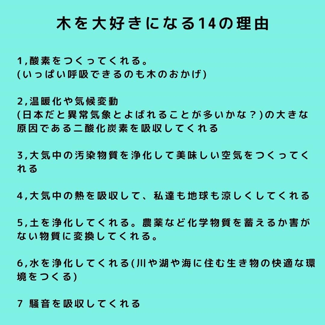 小野りりあんさんのインスタグラム写真 - (小野りりあんInstagram)「今、世界中の森林が燃えていて、とくにアマゾン熱帯雨林が燃えてることが話題になってるんだけど、みんなはこのニュース知ってた？#prayforamazonia だよ。﻿ ﻿ アマゾンの森林を守るために個人でできることも色々あるんだ。﻿ でもまずは、森林保護や植林がとっても大事だってことを知ってほしくて、木が大事な理由を書いてみたよ。﻿ ﻿ 木を大好きになる14の理由﻿ ﻿ 1,酸素をつくってくれる。いっぱい呼吸できるのも木のおかげ﻿ ﻿ 2,温暖化や気候変動(日本だと異常気象とよばれることが多いかな？)の大きな原因である二酸化炭素を吸収してくれる﻿ ﻿ 3,大気中の汚染物質を浄化して美味しい空気をつくってくれる﻿ ﻿ 4,大気中の熱を吸収して、私達も地球も涼しくしてれる﻿ ﻿ 5,土を浄化してくれる。農薬など化学物質を蓄えるか害がない物質に変換してくれる。﻿ ﻿ 6,水を浄化してくれる(川や湖や海に住む生き物の快適な環境をつくる)﻿ ﻿ 7,騒音を吸収してくれる﻿ ﻿ 8,洪水、土砂災害から守ってくれる(木を植えて森が増えるほど洪水や土砂災害が減るそうです)﻿ ﻿ 9,木が多いと干ばつや水不足が減る﻿ ﻿ 10,日影をつくってくれる。木が充分生えてるとエアコンもいらないくらい涼しく過ごせる。(木が少ない都市はヒートアイランド現象で暑くなるんだって)﻿ ﻿ 11,風から守ってくれる﻿ ﻿ 12,食べ物を提供してくれる﻿ ﻿ 13,薬品の成分なども提供してくれる﻿ ﻿ 14,紙や家具、家の木材を提供してくれる﻿ ﻿ とか色々あるよね！﻿ ﻿ みんなはどんな理由で木が大事？﻿ ﻿ There are quite a lot of things we can do to protect forest ( including the Amazon rainforest!) But first of all, I decided to share the reason to love trees and protect them and plant them more!!﻿ ﻿ Lots of reason to LoVE trees﻿ ﻿ They make Oxygen so that we can breathe.﻿ They clean the soil, water and the air!!﻿ They reduce the heat, wind and urban noise.﻿ They protect us from flooding, drought, snow drifts and soil erosion.﻿ ﻿ If enough amount of the trees grow on Earth, they will protect us from Climate change !!﻿ ( I know trees aren’t the only solution but one of the most important one! )﻿ ﻿ What else do you love about trees????」8月30日 17時07分 - _lillianono_