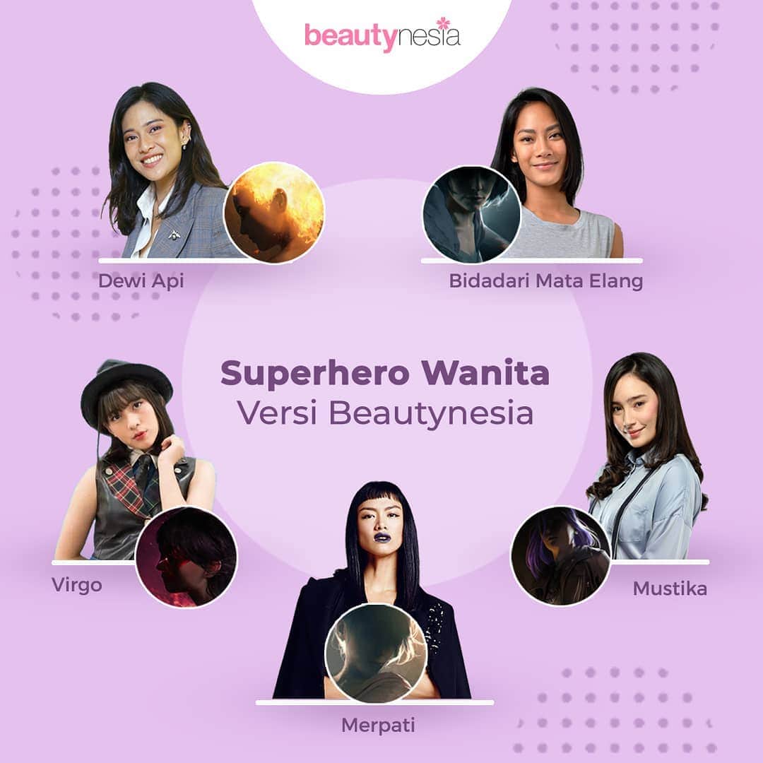 のインスタグラム：「Kalian tahu ga, selain @gundalaofficial, juga ada banyak superhero wanita Indonesia yang ga kalah luar biasa! Superhero juga bisa mengajarkan kita untuk menjadi lebih percaya diri dan menjadi versi diri kita yang lebih baik lho! Dan ini 5 superhero wanita dari @bumilangitofficial yang paling dinantikan Beautynesia 😍  Dewi Api - Dian Sastro Bidadari Mata Elang - Kelly Tandiono Virgo - Zara JKT48 Merpati - Tara Basro Mustika - Tatjana Saphira  Kalo kalian paling penasaran sama yang mana nih? Atau kalian punya pilihan sendiri?  #Beautynesia #BeautynesiaID #BecomeABetterMe #SuperheroWanita #SuperheroIndonesia #BCU101 #JagoanIndonesia #JagatSinemaBumilangit #BumiLangit」