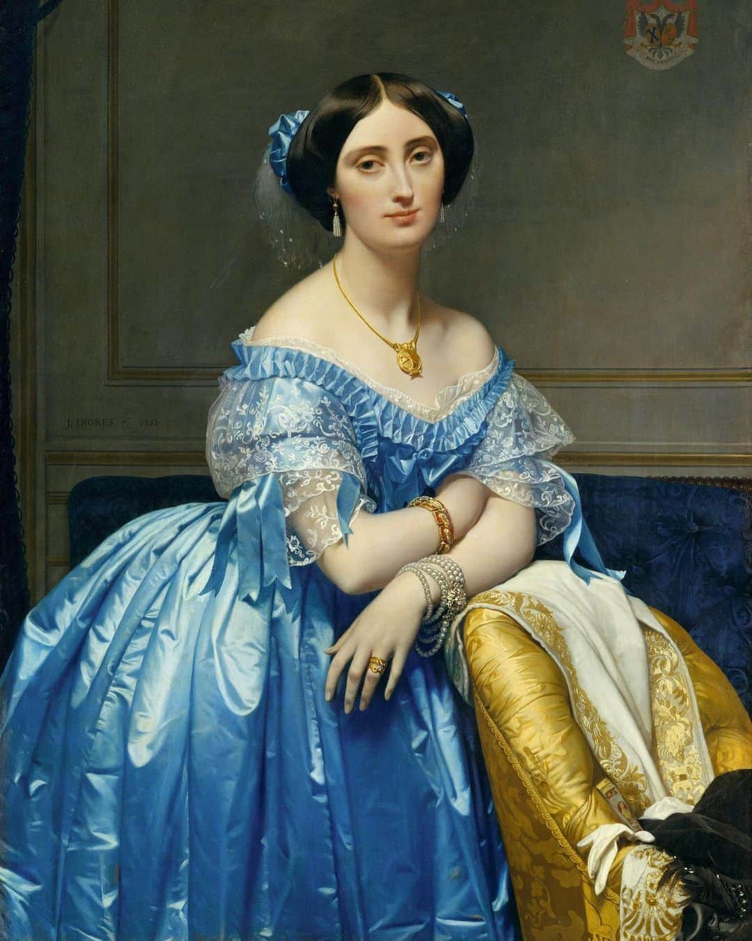 のインスタグラム：「Born August 29, 1780, Jean-Auguste-Dominique #Ingres was a master at illuminating the details in this striking portrait of the Princesse de Broglie: her rich blue satin and lace ball gown, the gold embroidered shawl, and silk damask chair, together with finely tooled jewels of pearl, enamel, and gold. ⁣ ⁣ The portrait was commissioned by the sitter’s husband, Albert de Broglie, a few years after their ill-fated marriage—Pauline was stricken with tuberculosis soon after completion of the exquisite portrait, leaving five sons and a grieving husband. Through Albert’s lifetime, it was draped in fabric on the walls of the family residence. ⁣ ⁣ 🎨 Jean-Auguste-Dominique Ingres (French,  1780–1867). Joséphine-Éléonore-Marie-Pauline de Galard de Brassac de Béarn (1825–1860), Princesse de Broglie, 1851–53. Oil on canvas. On view in Gallery 957. #TheMet」