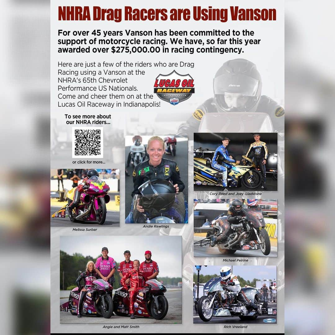 バンソンさんのインスタグラム写真 - (バンソンInstagram)「Here are some of the #nhra #bestdragracers wearing #vanson ! Swipe up the link on our #stories to get to know a little bit more about them! #vansonleathers #dragracer #winner #motorace @angiesmith77 @mattsmithracing @fastandieracing @coryreed574 @joeygladstone_psm @rich6640 @michaelpelrine @melissasurber13」8月30日 11時32分 - vansonleathers