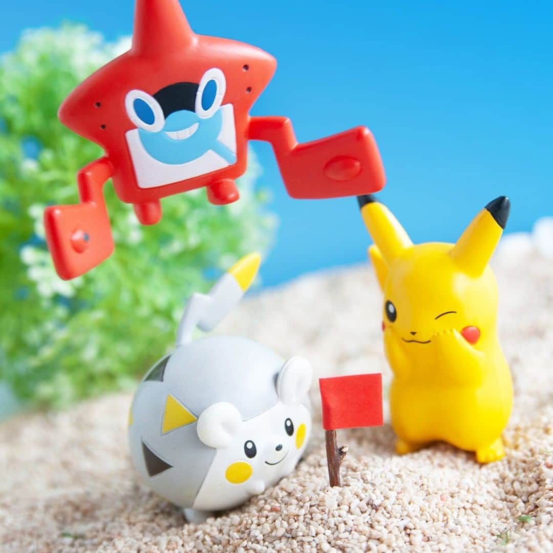 のインスタグラム：「【今日のピカチュウ】 ロトムたちと海辺に遊びに来たよ🏝✨ 赤い旗を見つけたみたい🚩 #pikachu #rotom #togedemaru #pokemon #pikachu_snap #photooftheday #beach #sea #flag #red #sunny #summer #ピカチュウ #ロトム #トゲデマル #ポケモン #海 #旗 #赤 #夏」