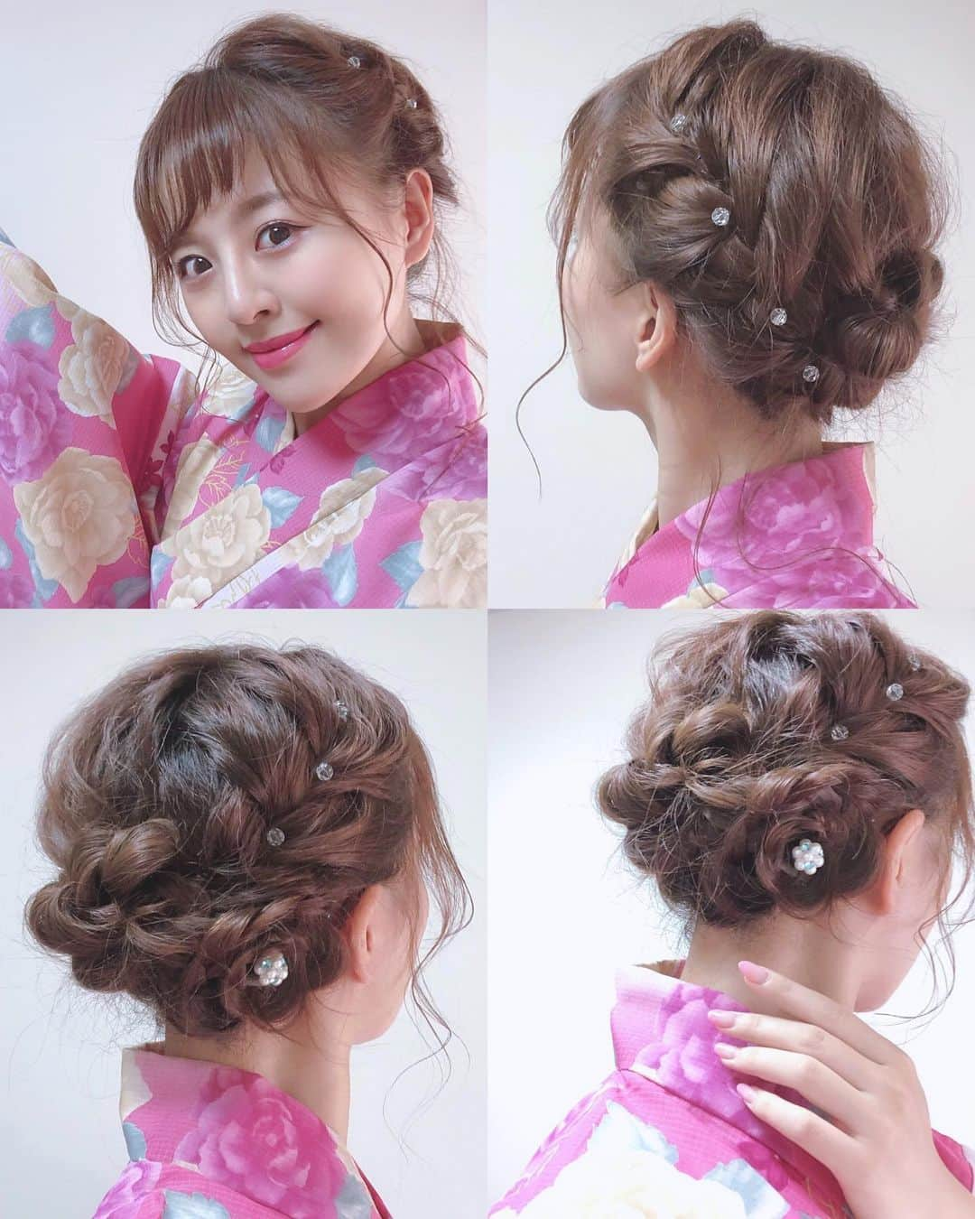 真衣ひなのさんのインスタグラム写真 - (真衣ひなのInstagram)「. 💈ゆるふわ浴衣ヘアアレンジ あらかじめ髪全体を巻き、 表面は根元付近から細かく巻いておく。 ざっくり左側を表編み込みし毛先は三つ編み 右側は真ん中まで表編み込みし、 同様に毛先を三つ編みにしたら、両方の束を 左下でぐるっと丸めてピンで固定。 右下に残しておいた髪の毛を三つ編みにして 編み目から髪を少しずつ引き出したら、 お花の形になるように丸めてピンで固定。 🌹浴衣もメイクもピンクで華やかにしたので 髪飾りはゴテゴテせずシンプルにしました❤︎ . 密かにヘアアレンジ企画が動き始めています‥🐰 . #浴衣やドレスを着ると #ヘアメイクを考える時間含めて２倍楽しい #ひなのへあかたろぐ」8月30日 18時13分 - hinano_mai