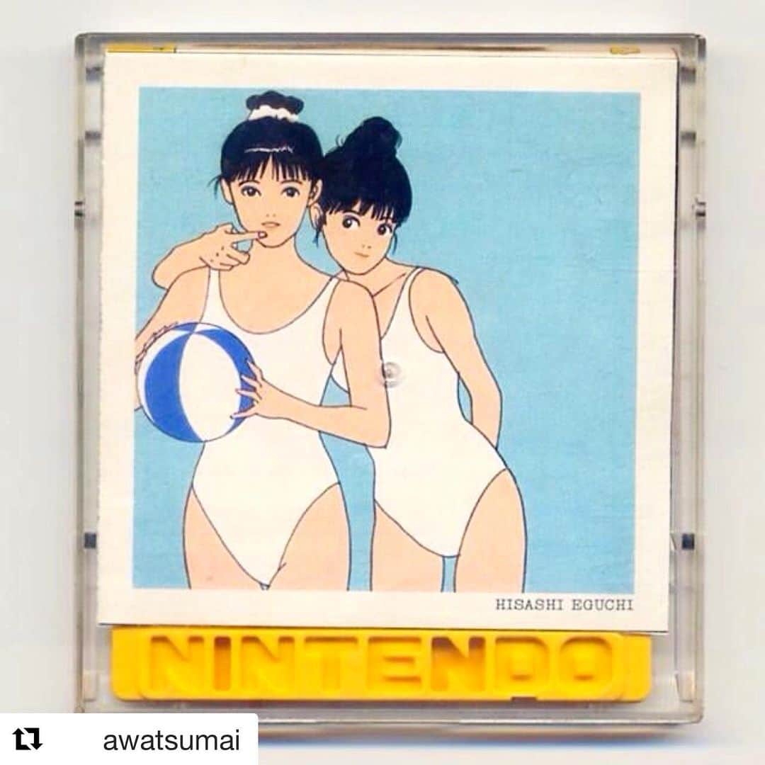 江口寿史のインスタグラム：「自分のやった仕事は全て明確に記憶しているし、描き上がった時の気分までも鮮明に覚えてるんだけど、これは覚えてないんだよなあー。原画すらも手元にない。たしかファミ通かなんかの口絵で描いたやつだったかな。ゲーム雑誌ならではで、カセットテープじゃなくゲームケースに入れるやつ。 こういう、自分の記憶から飛ばしてるやつがいくつかあるんだな笑  #Repost @awatsumai with @get_repost ・・・ これも好き！ データフォルダ遡ると江口さんのイラストがどんどん出てくる」